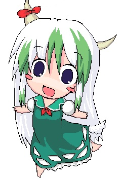 ex-keine, kamishirasawa keine, touhou, lowres, 1girl, chibi, dress, female focus, full body, horn ornament, horn ribbon, horns, oekaki, ribbon, simple background, solo, tail, white background