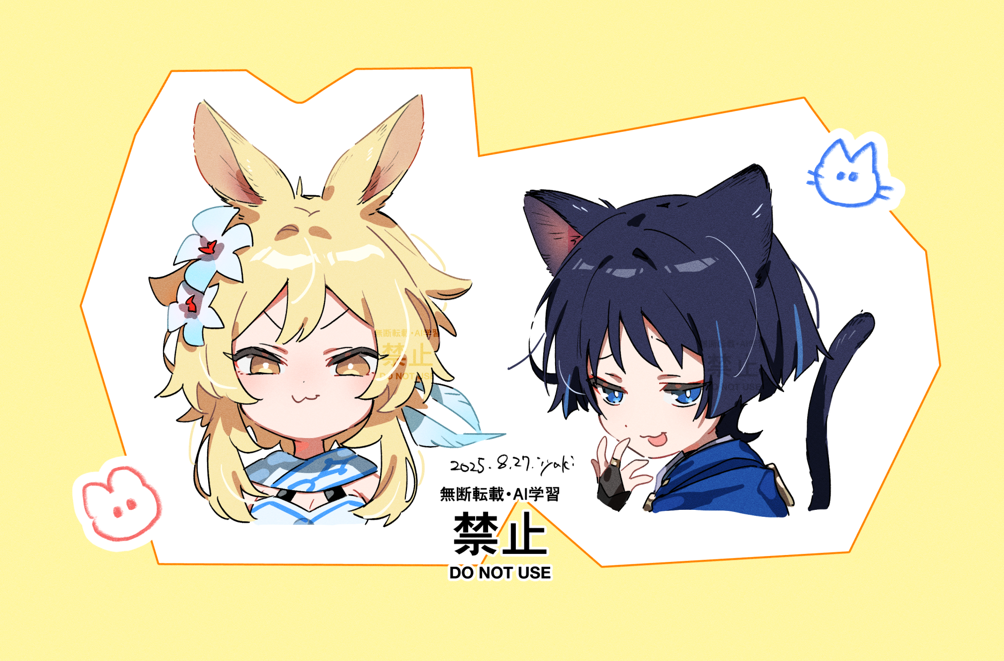 hoht yeah, lumine (genshin impact), scaramouche (genshin impact), wanderer (genshin impact), genshin impact, highres, 1boy, 1girl, :3, animal ears, black bridal gauntlets, black hair, blonde hair, blue cape, blue eyes, blue feathers, blue flower, blue trim, blunt ends, border, breasts, bridal gauntlets, bright pupils, cape, cat boy, cat tail, cleavage, cropped torso, dated, eyeliner, eyeshadow, feather hair ornament, feathers, flower, gold ring, hair flower, hair ornament, half-closed eyes, halterneck, hand up, looking at viewer, makeup, middle ring, multicolored flower, open hand, rabbit ears, rabbit girl, raised eyebrow, red eyeliner, red eyeshadow, scarf, short hair, short hair with long locks, sidelocks, smug, tail, v-shaped eyebrows, watermark, white background, white flower, white pupils, white scarf, wispy bangs, yellow border, yellow eyes