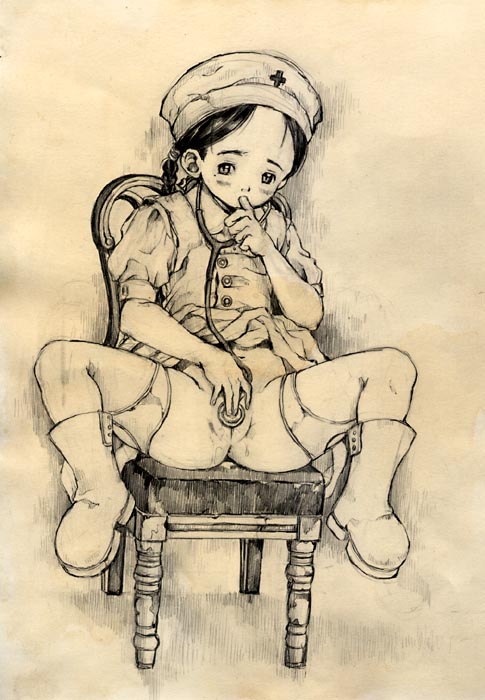 miura yasuto, 1girl, boots, female focus, hat, loli, monochrome, no panties, nurse, nurse cap, pussy, pussy juice, solo, spread legs, stethoscope, thighhighs, uncensored