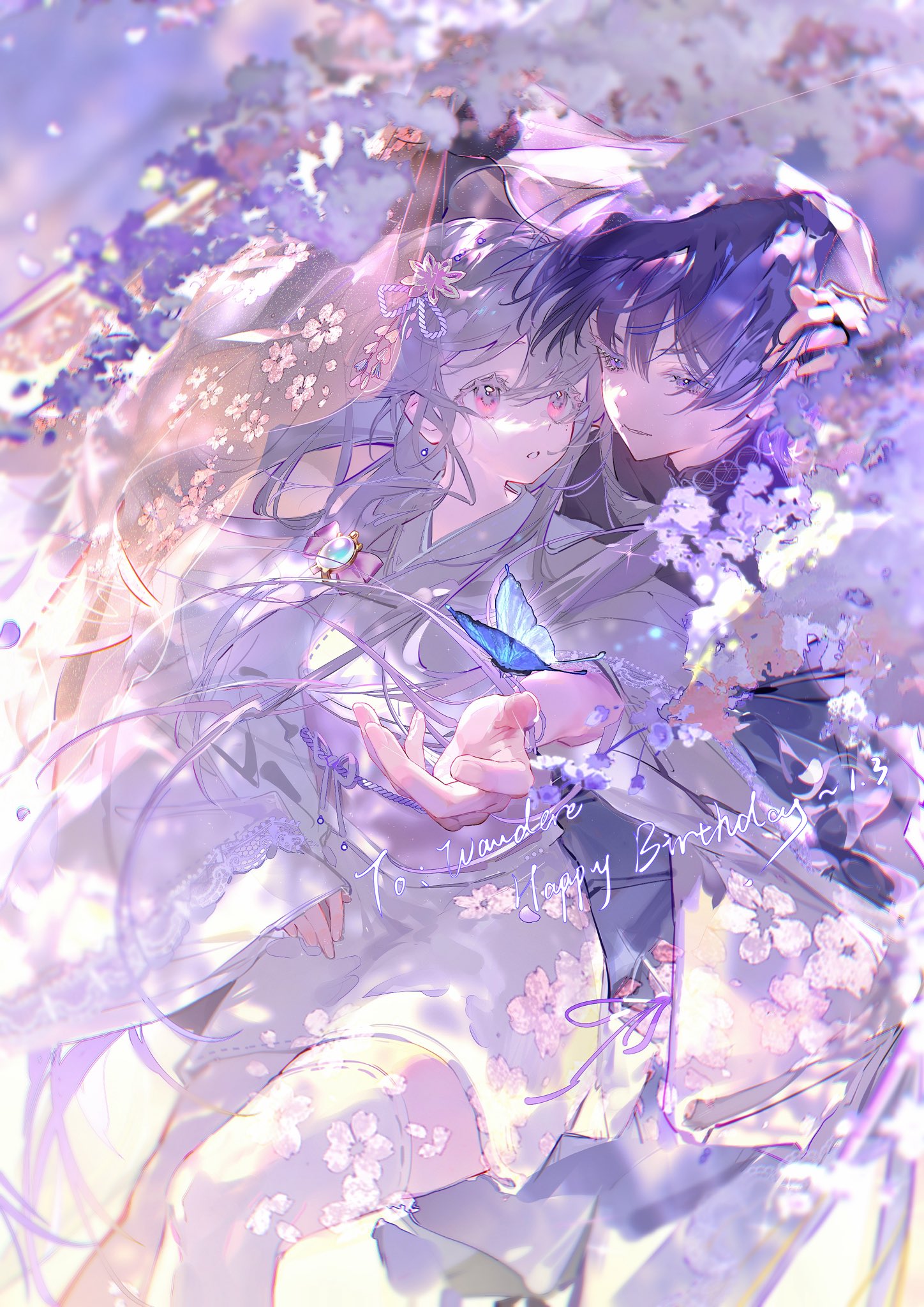 scaramouche (genshin impact), wanderer (genshin impact), genshin impact, original, artist request, commission, highres, second-party source, 1boy, 1girl, behind another, black bodysuit, black bridal gauntlets, blue butterfly, blue gemstone, bodysuit, bow, bridal gauntlets, bug, butterfly, colored eyelashes, commissioner insert, couple, earrings, falling petals, fingernails, floral print veil, gem, hair between eyes, hair bow, half-closed eyes, happy birthday, hayami momo (hayamimomo), hetero, insect, japanese clothes, jewelry, juban, kimono, kimono skirt, long hair, looking at another, mandarin collar, obi, obiage, obijime, open hand, open mouth, outdoors, outstretched arm, parted lips, petals, pink bow, pink eyes, purple eyes, purple hair, purple petals, purple veil, sash, see-through clothes, see-through veil, skirt, tareme, thighhighs, three-quarter sleeves, veil, white eyelashes, white hair, white kimono, white mouth, white skirt, white sleeves, white thighhighs, wide sleeves, zettai ryouiki