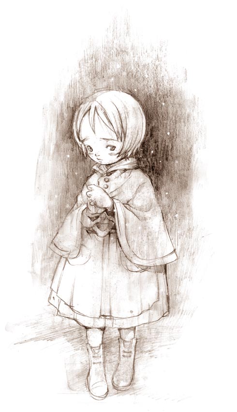 miura yasuto, 1girl, blush, boots, brown theme, female focus, monochrome, short hair, solo