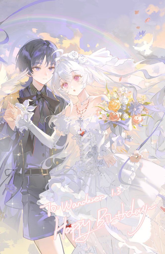 scaramouche (genshin impact), genshin impact, original, artist request, commission, second-party source, 1boy, 1girl, ahoge, alternate costume, belt, belt buckle, black belt, black bow, black bowtie, black collar, black hair, black shirt, black suit, black undershirt, blunt ends, bouquet, bow, bowtie, breasts, bridal veil, buckle, closed mouth, cloud, cloudy sky, collar, commissioner insert, couple, cross-laced clothes, cross-laced dress, cross-laced sleeves, cross ornament, dress, dress shirt, eyeliner, eyeshadow, falling flower, flower, formal clothes, frilled sleeves, frilled thigh strap, frills, gold buckle, grass, hair between eyes, hair intakes, happy birthday, hayami momo (hayamimomo), heart pendant, hetero, holding, holding bouquet, holding hands, jacket, large bow, light smile, long hair, long sleeves, looking at another, makeup, mole, mole under eye, multicolored hair, off-shoulder dress, off shoulder, open clothes, open jacket, open mouth, orange flower, outdoors, pink eyes, pink flower, pink rose, puffy sleeves, purple eyes, purple flower, purple hair, purple shorts, purple sleeves, purple vest, rainbow, red eyeliner, red eyeshadow, rose, shirt, shorts, single sidelock, sky, small breasts, streaked hair, suit, suit jacket, tareme, thigh strap, thighhighs, tsurime, veil, vest, white bow, white dress, white flower, white hair, white rose, white sleeves, white thighhighs, white veil, wispy bangs, yellow flower, yellow rose