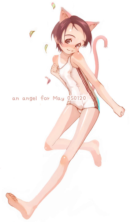 neyuki rei, copyright request, 1girl, animal ears, barefoot, cat ears, cat tail, covered erect nipples, feet, female focus, loli, one-piece swimsuit, solo, swimsuit, tail