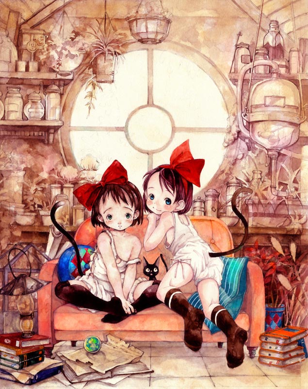 neyuki rei, original, 2girls, backlighting, black socks, blue eyes, blush, book, book stack, bow, brown hair, cat, couch, feet, flat chest, green eyes, hair bow, hair ribbon, hands on feet, indian style, indoors, kneehighs, lantern, loli, looking at viewer, multiple girls, nipple slip, nipples, no shoes, plant, potted plant, ribbon, round window, short hair, sitting, smile, socks, strap slip, tail, thighhighs, window