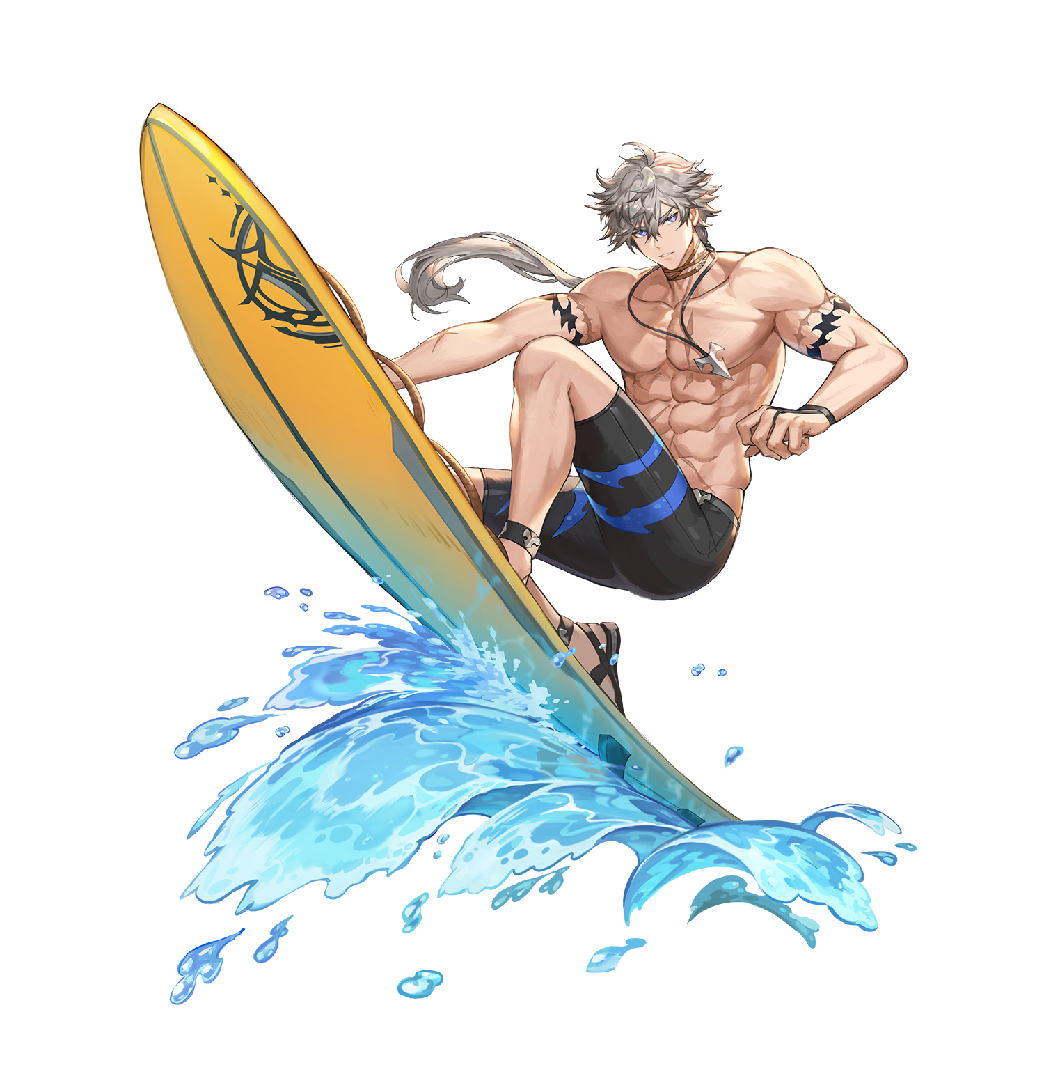 chase (king's raid), king's raid, artist request, commentary, commentary request, english commentary, highres, korean commentary, mixed-language commentary, official art, second-party source, 1boy, abs, arm tattoo, black male swimwear, black sandals, full body, grey hair, jewelry, long hair, male swimwear, multiple scars, muscular, muscular male, necklace, official alternate costume, pectorals, ponytail, purple eyes, sandals, scar, scar on arm, scar on chest, solo, surfboard, surfing, tattoo, water