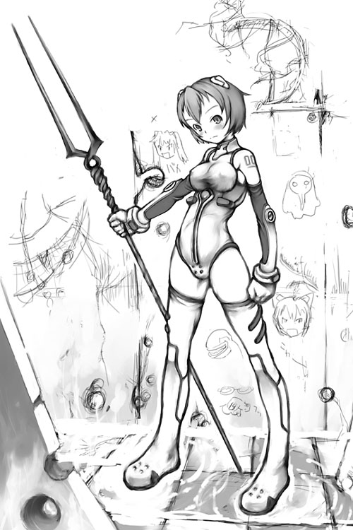 neyuki rei, ayanami rei, neon genesis evangelion, tagme, bident, greyscale, lance of longinus (evangelion), monochrome, polearm, solo, thighhighs, weapon