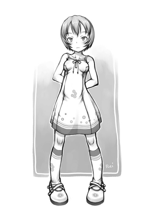 neyuki rei, ayanami rei, neon genesis evangelion, 1girl, blush, bow, breasts, dress, female focus, greyscale, monochrome, shoes, short hair, signature, sketch, small breasts, solo