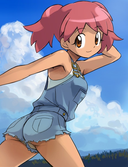 haruyama kazunori, hinata natsumi, keroro gunsou, 1girl, armpits, ass, denim, denim shorts, female focus, jeans, overall shorts, overalls, panties, pants, pantyshot, red hair, short shorts, shorts, solo, tan, twintails, underwear, upshorts