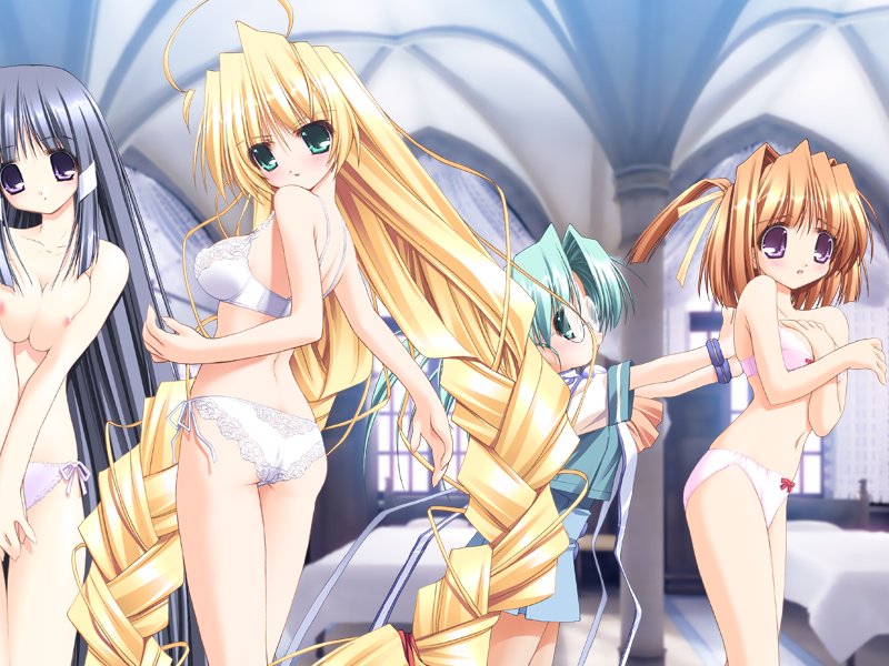 oono tetsuya, filia, kagura (prism ark), litte ratus, priecia, prism ark, game cg, 00s, 4girls, bar (place), bow, bow bra, bow panties, bra, breasts, breasts squeezed together, lingerie, long hair, medium breasts, multiple girls, nipples, panties, pink bra, pink panties, side-tie panties, small breasts, topless female, underwear, underwear only, very long hair, white bra, white panties