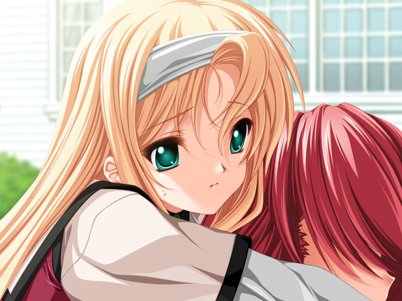 senomoto hisashi, kasugazaki yukino, kisaragi shuuji, yamada taeko (koisuru otome to shugo no tate), koisuru otome to shugo no tate, game cg, 1boy, 1girl, ahoge, blonde hair, closed mouth, crossdressing, frown, green eyes, hairband, hetero, hug, long hair, red hair, trap, upper body, very long hair