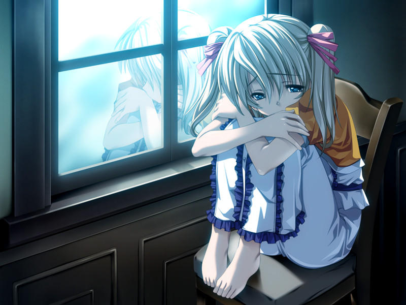 senomoto hisashi, shinjou marina, koisuru otome to shugo no tate, game cg, 1girl, barefoot, blonde hair, blue eyes, chair, feet, feet on chair, female focus, hugging own legs, indoors, reflection, sitting, solo, twintails, window