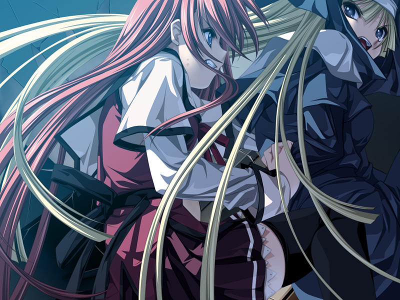 senomoto hisashi, kisaragi shuuji, sister lidia, yamada taeko (koisuru otome to shugo no tate), koisuru otome to shugo no tate, game cg, 1boy, 1girl, angry, battle, blonde hair, blue eyes, crossdressing, long hair, nun, pink hair, school uniform, serafuku, skirt, trap, very long hair
