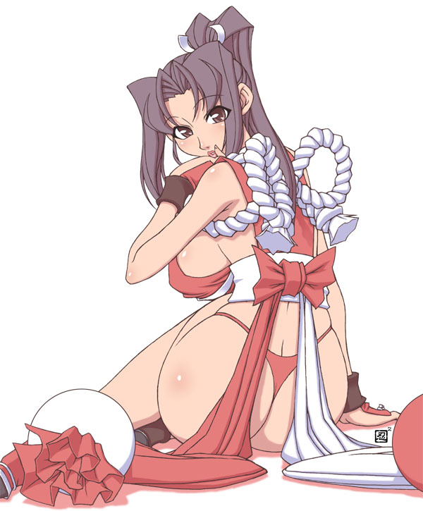 kenix, shiranui mai, fatal fury, snk, the king of fighters, 1girl, ass, backboob, black eyes, breasts, brown eyes, brown hair, female focus, from behind, grey hair, huge breasts, large breasts, lips, long hair, looking back, panties, ponytail, red panties, revealing clothes, rope, sideboob, simple background, sitting, solo, thong, underwear, wristband