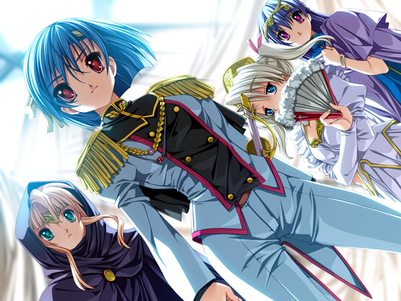 senomoto hisashi, kasugazaki yukino, sanada setsuko, shinjou marina, tsubakihara ren, koisuru otome to shugo no tate, uniform, game cg, 4girls, aqua eyes, blonde hair, blue eyes, blue hair, bracelet, circlet, cleavage cutout, clothing cutout, crown, dress, dutch angle, flat chest, hair ribbon, hairband, hand fan, hood, jewelry, long hair, multiple girls, pants, pink eyes, red eyes, ribbon, robe, short hair, smile, standing, sword, turtleneck, twintails, weapon, white hair