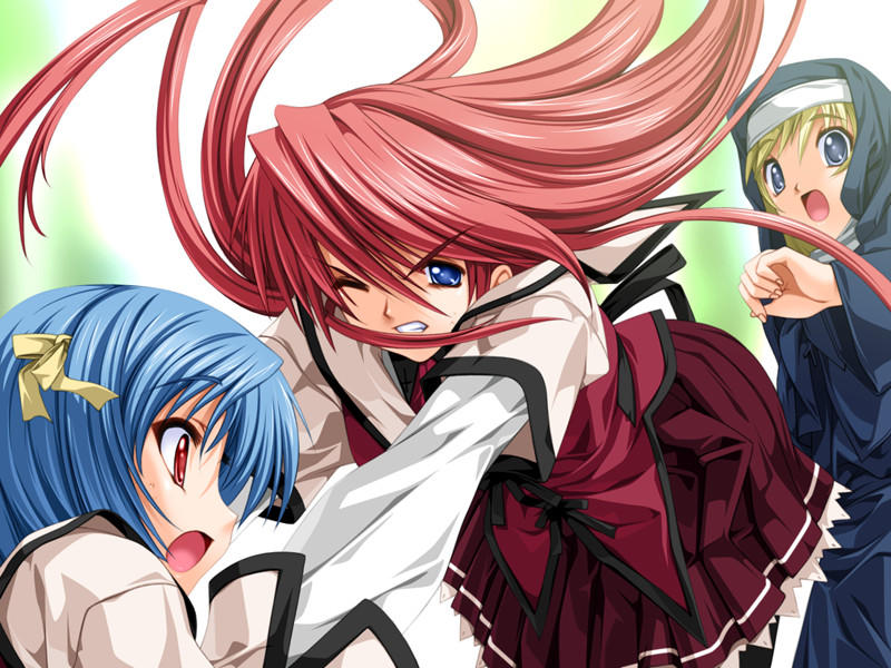 senomoto hisashi, kisaragi shuuji, sister lidia, tsubakihara ren, yamada taeko (koisuru otome to shugo no tate), koisuru otome to shugo no tate, eyebrows, game cg, 1boy, 2girls, :o, ;d, blonde hair, blue eyes, blue hair, clenched teeth, cloak, crossdressing, floating hair, from side, hair ribbon, long hair, multiple girls, nun, one eye closed, open mouth, own hands together, profile, red eyes, red hair, ribbon, robe, school uniform, short hair, smile, surprised, teeth, trap, upper body, veil, very long hair, wince