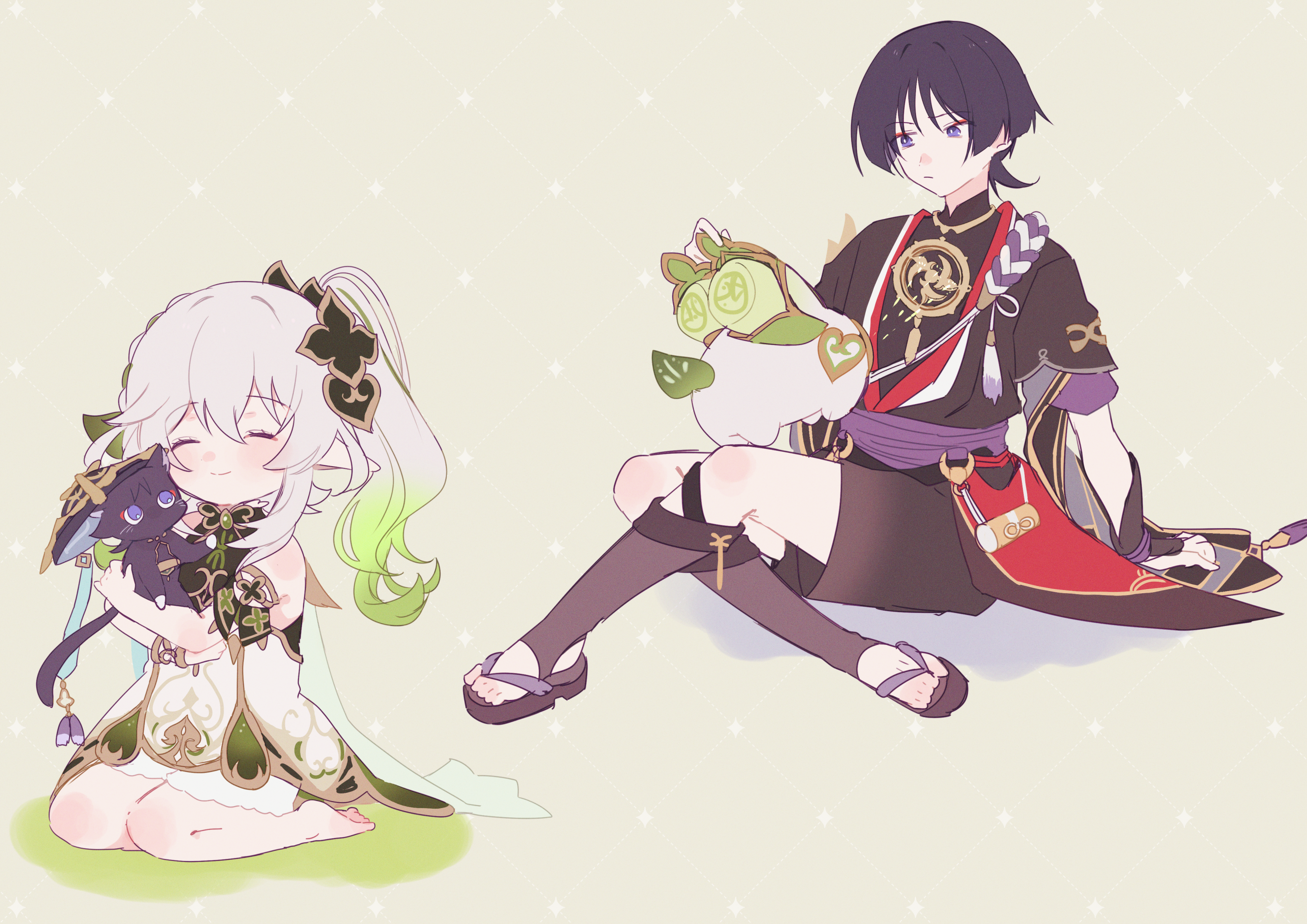 aomattya, nahida (genshin impact), scaramouche (cat) (genshin impact), scaramouche (genshin impact), genshin impact, highres, 1boy, 1girl, animal, animalization, arm at side, arm support, armlet, attack, barefoot, black bodysuit, black hair, black sandals, black shorts, black sleeves, black socks, blue hat, blunt ends, bodysuit, bracelet, bridal legwear, bright pupils, cape, cat, closed eyes, closed mouth, crossed legs, detached sleeves, dress, eyelashes, eyeliner, eyeshadow, full body, furisode, gold, gold trim, green cape, green hair, green sleeves, grid background, hair ornament, half crown braid, hand up, hat, holding, holding animal, holding cat, japanese clothes, jewelry, jingasa, juban, kimono, layered sleeves, leaf, leaf hair ornament, long hair, looking at creature, makeup, mandarin collar, mitsudomoe (shape), multicolored hair, neck ring, neo akasha terminal, o-ring, open clothes, open kimono, person and animalization, pointy ears, purple cat, purple eyes, purple rope, purple sash, purple sleeves, raised eyebrow, red eyeliner, red eyeshadow, red kimono, rope, sandals, sash, seiza, shimenawa, short sleeves, shorts, side ponytail, sidelocks, simple background, single sode, sitting, smile, socks, split mouth, stirrup legwear, streaked hair, tassel, toeless legwear, toes, tomoe (symbol), white background, white dress, white hair, white kimono, white pupils, white rope, wispy bangs, zouri