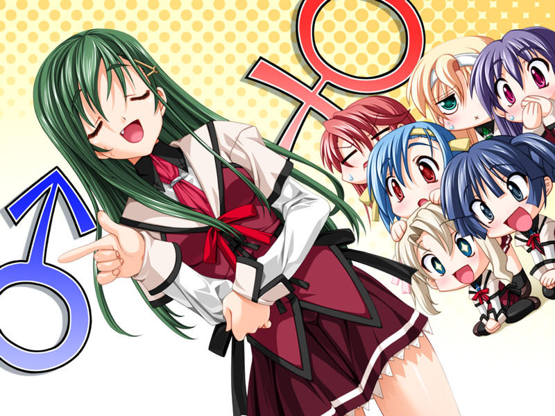 senomoto hisashi, homura yuuri, kasugazaki yukino, kisaragi shuuji, sakuraba yuu, sanada setsuko, shinjou marina, tsubakihara ren, yamada taeko (koisuru otome to shugo no tate), koisuru otome to shugo no tate, game cg, 2boys, 5girls, 6+girls, crossdressing, dutch angle, multiple boys, multiple girls, school uniform, serafuku, trap
