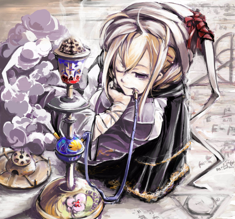 enpou, yakumo yukari, touhou, fume, 1girl, ahoge, alternate hairstyle, blonde hair, breasts, dotfight, dress, female focus, hookah, one eye closed, purple eyes, smoking, solo, tabard, white dress