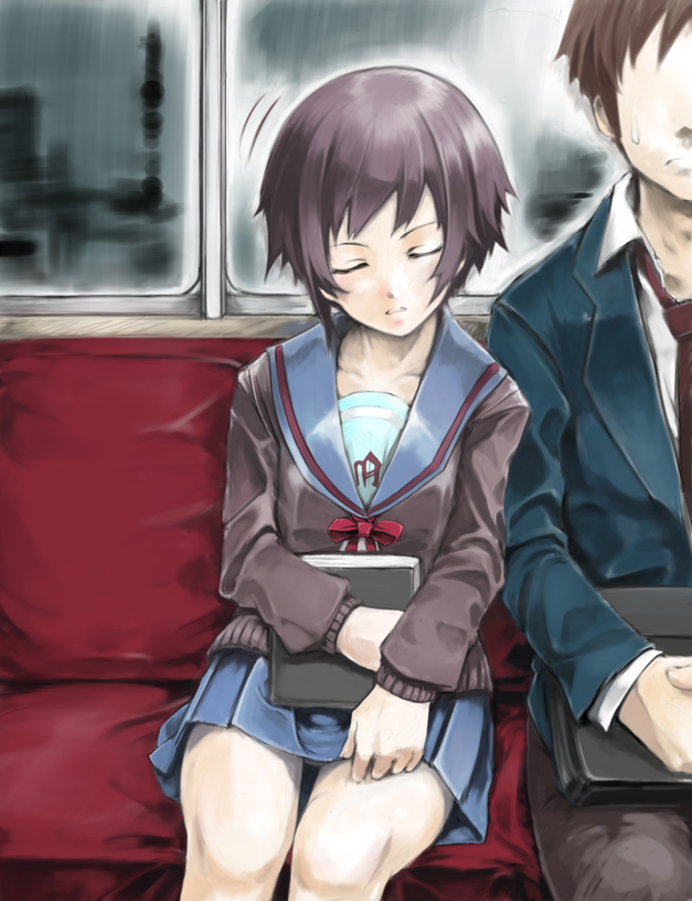enpou, nagato yuki, suzumiya haruhi no yuuutsu, 00s, 1boy, 1girl, closed eyes, dotfight, school uniform, serafuku, sleeping, sleeping upright, train, train interior