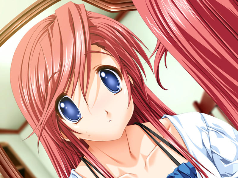 senomoto hisashi, kisaragi shuuji, yamada taeko (koisuru otome to shugo no tate), koisuru otome to shugo no tate, game cg, 1boy, blue eyes, crossdressing, crossdressing (mtf), indoors, male focus, mirror, red hair, reflection, solo, trap