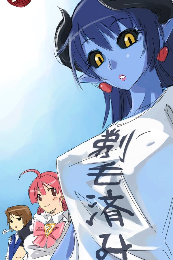 michael f91, astaroth (shinrabanshou), spider-man, we-tan, marvel, shinrabanshou, spider-man (series), translated, 3girls, black sclera, blue hair, blue skin, breasts, casual, clothes writing, colored sclera, colored skin, covered erect nipples, earrings, fuck-me shirt, heart, heart earrings, horns, jewelry, large breasts, maid, multiple girls, pointy ears, shirt, t-shirt, yellow eyes