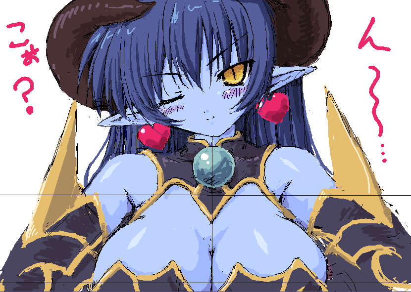 astaroth (shinrabanshou), shinrabanshou, blue skin, breasts, cleavage, colored skin, head tilt, large breasts, oekaki, pointy ears, simple background, solo, white background