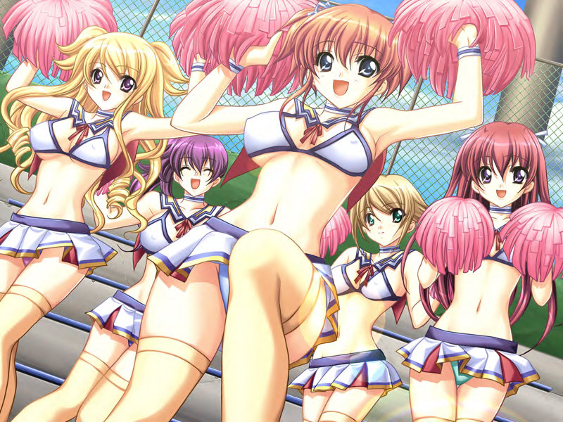 shindou mikeko, ashigara katsumi, furutaka ryou, haguro risa, kimegasa kiyomi, takao keiko, cheer moe, game cg, 5girls, cheerleader, multiple girls, ouendan, panties, pom pom (cheerleading), underwear