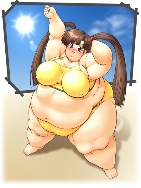 harumi-knd, comic party, 00s, 1girl, bikini, blush, breasts, brown eyes, brown hair, covered erect nipples, fat, fat woman, female focus, large breasts, solo, swimsuit, twintails
