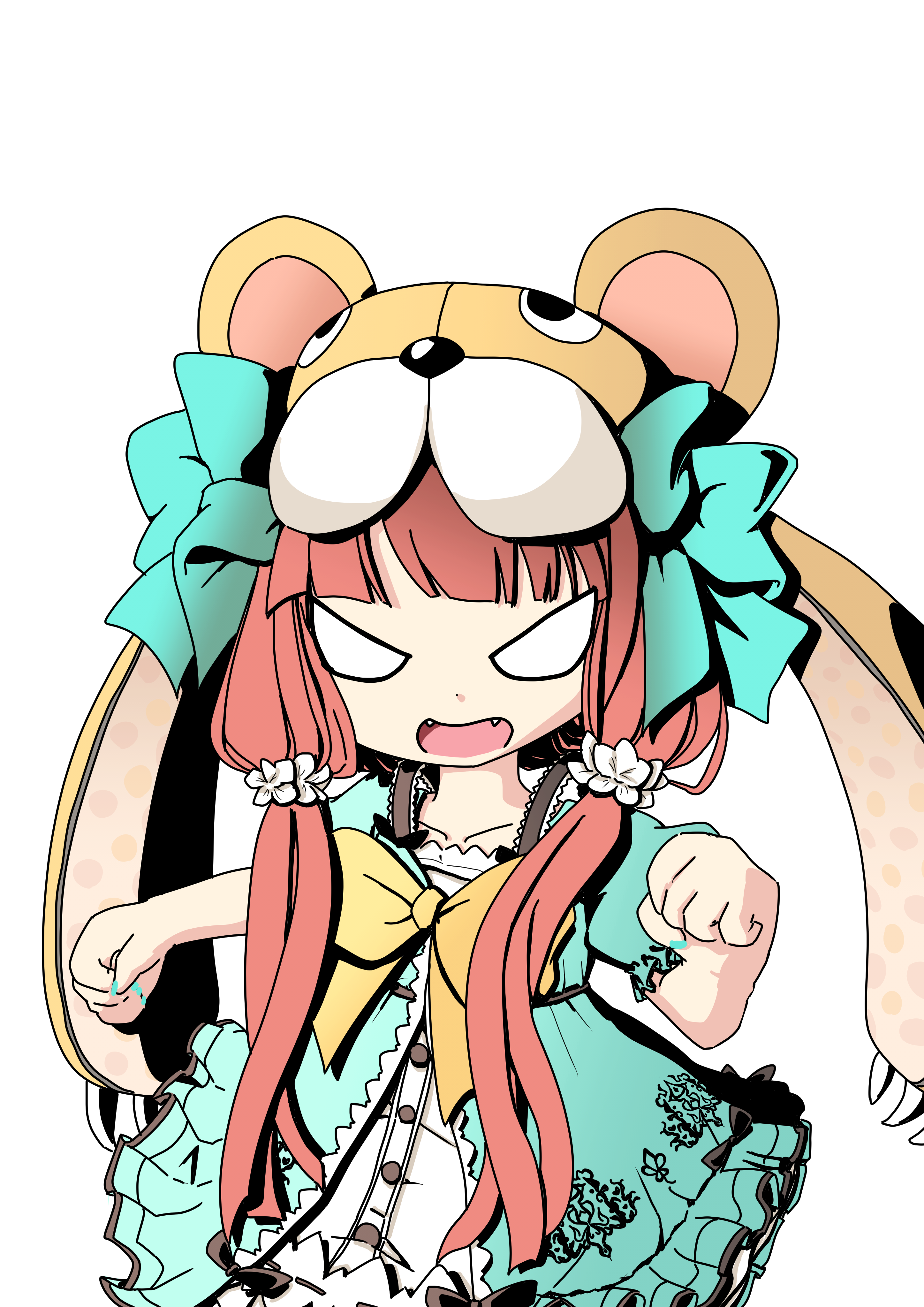 bear alma, emil chronicle online, absurdres, highres, 1girl, angry, animal hood, bear girl, bow, brown hair, dress, fangs, frilled bow, frilled jacket, frills, frolyflow2, green eyes, green jacket, green ribbon, hair bow, hair ribbon, hood, jacket, long hair, looking at viewer, low twintails, open mouth, orange ribbon, ribbon, solo, twintails, white background, white bow, white dress