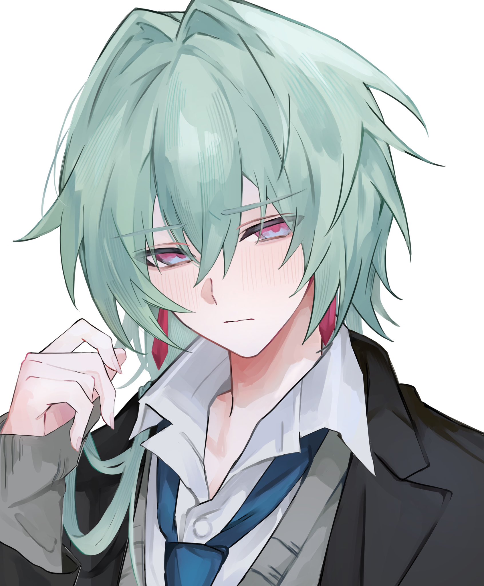 iota 1600, anaxa (honkai: star rail), honkai: star rail, honkai (series), highres, 1boy, alternate costume, aqua hair, black jacket, blue eyes, blue necktie, blush, buttons, closed mouth, collared shirt, grey sweater, hair intakes, hand up, jacket, looking at viewer, male focus, multicolored eyes, necktie, no eyepatch, pink eyes, pink pupils, shirt, side ponytail, simple background, solo, sweater, two-tone eyes, white background, white shirt