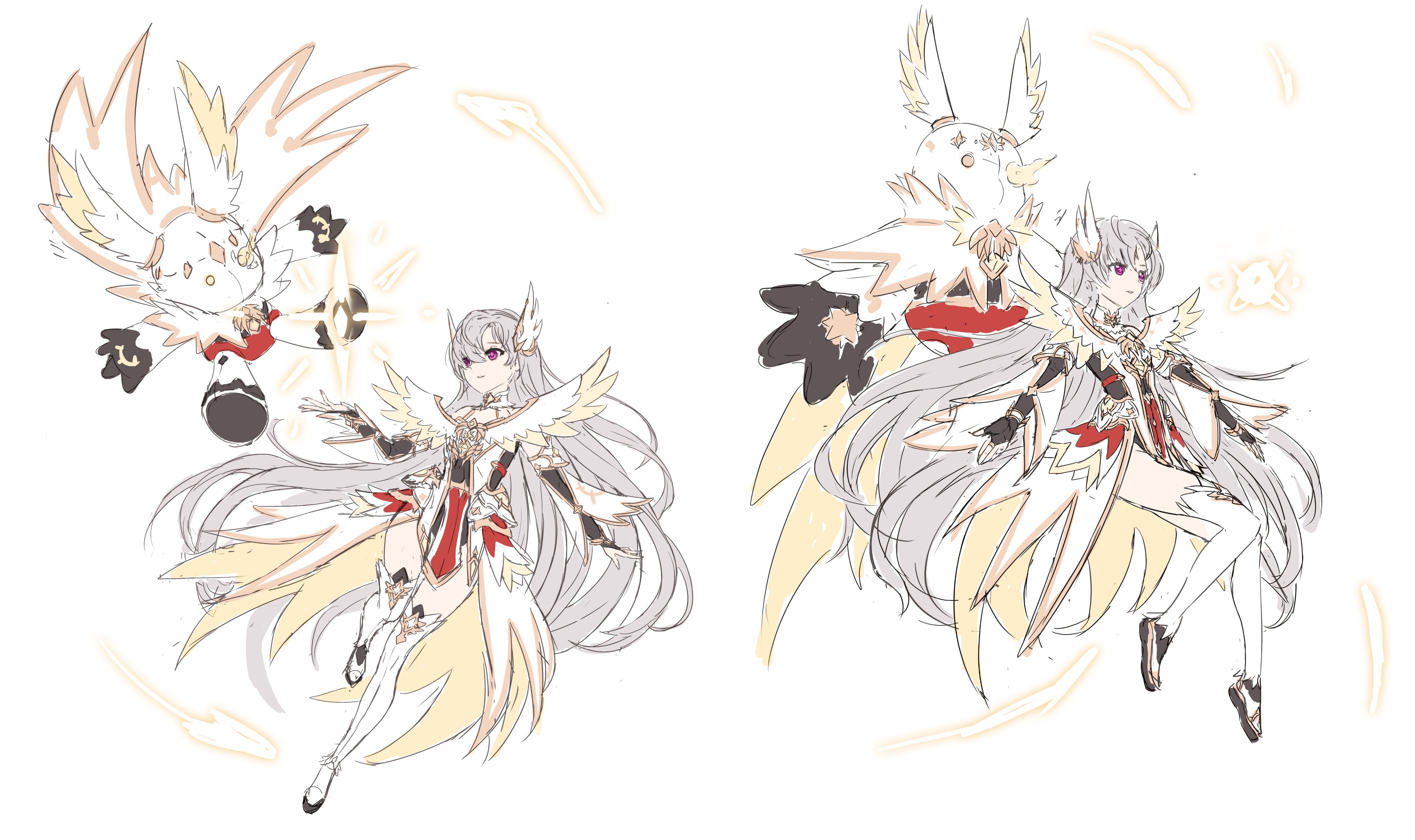 deepmaru, lavril (king's raid), king's raid, absurdres, commentary request, concept art, highres, korean commentary, official art, 1girl, bridal gauntlets, cross-shaped pupils, detached sleeves, dress, fire, flaming eye, flat chest, full body, long hair, magic, multiple views, official alternate costume, pelvic curtain, purple eyes, shoes, smile, solo, stuffed animal, stuffed rabbit, stuffed toy, symbol-shaped pupils, thighhighs, very long hair, weapon, white dress, white hair, white shoes, white sleeves, white thighhighs, wide sleeves
