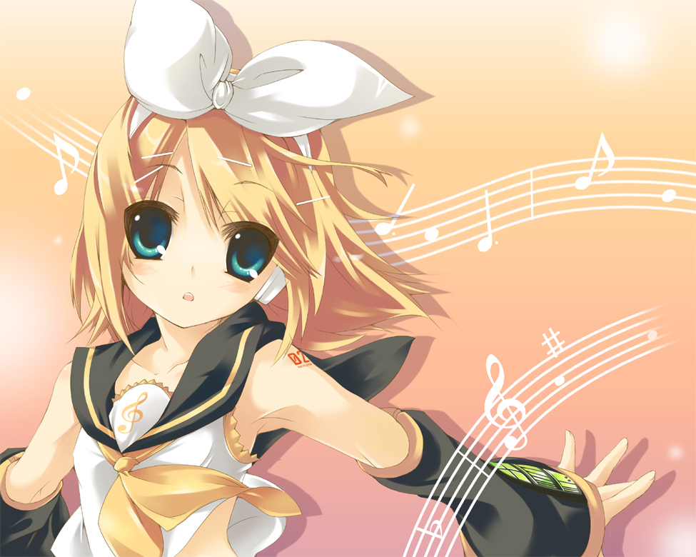 amanooni touri, kagamine rin, vocaloid, eyebrows, 1girl, arm warmers, armpits, bass clef, blonde hair, blouse, blue eyes, bow, clothes lift, female focus, gradient background, hair bow, hair ornament, hairclip, headphones, looking at viewer, musical note, musical staff, outstretched arm, quaver, ribbon, sailor collar, sheet music, shirt, shirt lift, short hair, sleeveless, solo, swept bangs, tattoo, treble clef, upper body, white bow, white shirt, yellow ribbon