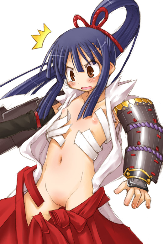 kasuga yukihito, bushidou (sekaiju), bushidou 2 (sekaiju), atlus, etrian odyssey, sekaiju no meikyuu, sekaiju no meikyuu 1, 1girl, armor, black hair, blush, brown hair, female focus, flat chest, loli, long hair, nipples, no panties, sarashi, solo, surprised, tearing clothes, torn clothes, wardrobe malfunction