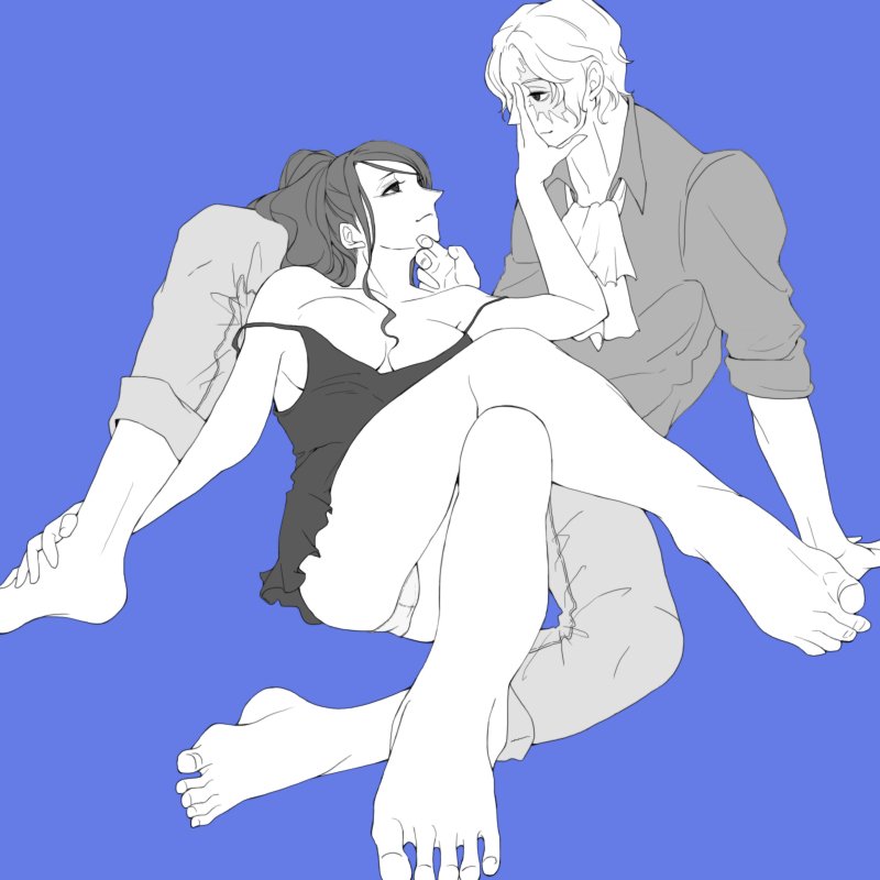 yuri kohi, nico robin, sabo (one piece), one piece, commentary request, 1boy, 1girl, ascot, blue background, breasts, cleavage, crossed legs, denim, dress, greyscale with colored background, jeans, light smile, panties, pants, ponytail, short hair, simple background, sitting, swept bangs, underwear