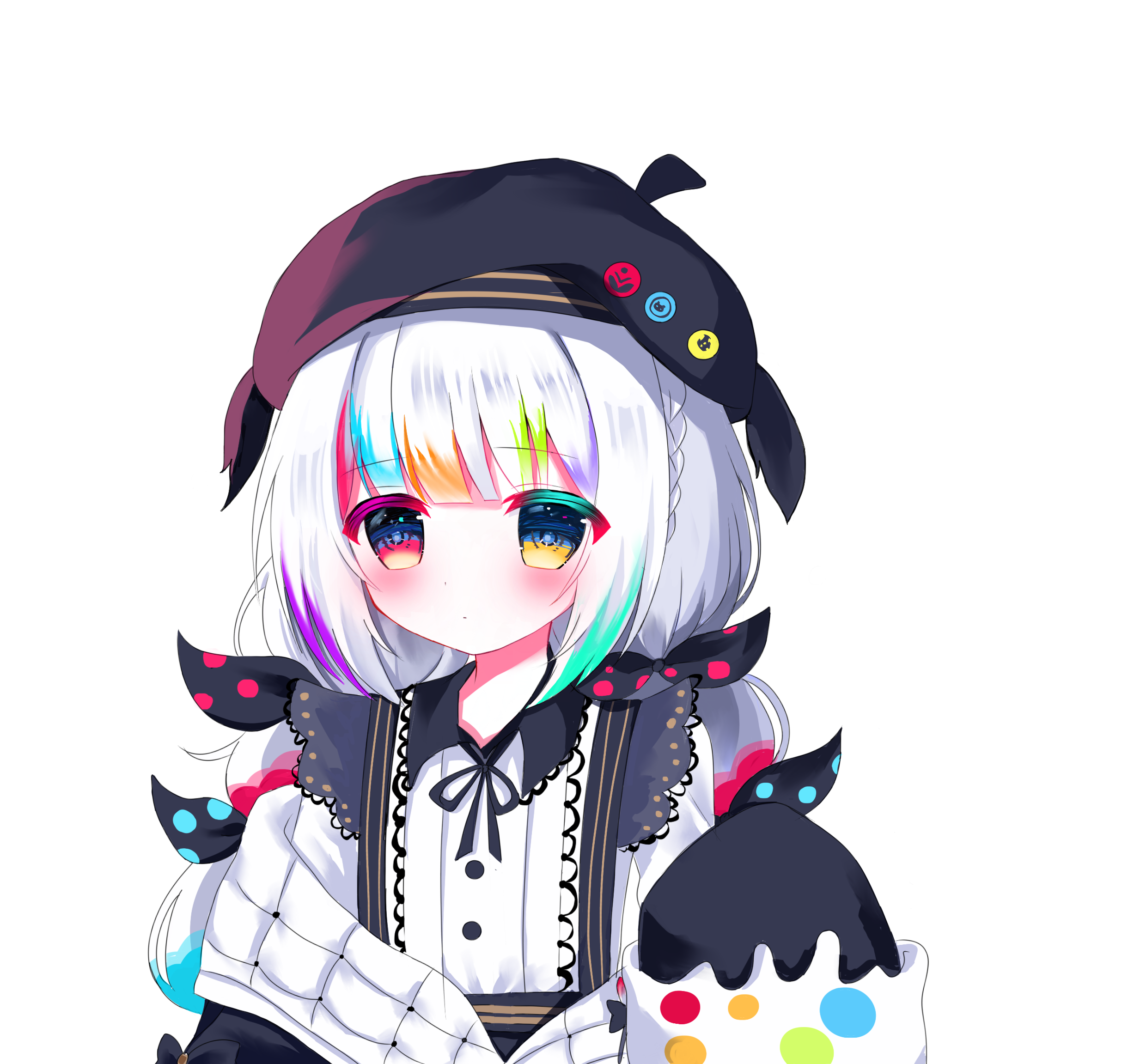jougasaki noa, mahou shoujo no majo saiban, chinese commentary, commentary request, highres, 1girl, beret, black ribbon, blunt bangs, bow, closed mouth, collared shirt, expressionless, hair bow, hat, heterochromia, long hair, long sleeves, looking at viewer, magical girl, multi-tied hair, multicolored hair, neck ribbon, off shoulder, polka dot, polka dot bow, red eyes, ribbon, shirt, shito arisa(bilibili 3546908742126258), simple background, solo, streaked hair, transparent background, upper body, white hair, white shirt, yellow eyes