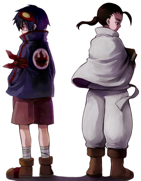 yonko, rossiu adai, simon (ttgl), tengen toppa gurren lagann, 00s, 2boys, ahoge, black hair, book, full body, male focus, multiple boys, pants, ponytail, shawl, shoes, shorts, white background
