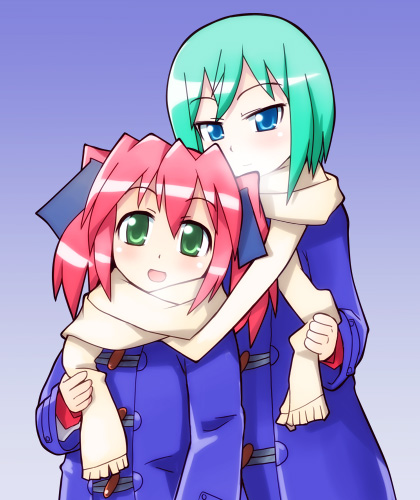 yn1982, iwasaki minami, kobayakawa yutaka, lucky star, lowres, 00s, 2girls, female focus, gradient background, multiple girls, scarf, shared clothes, shared scarf, standing, upper body, yuri