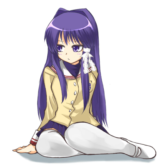 hane (hanegoya), fujibayashi kyou, clannad, 00s, 1girl, arm support, female focus, long hair, purple eyes, purple hair, school uniform, serafuku, shadow, simple background, sitting, skirt, solo, sulking, thighhighs, white background, white thighhighs