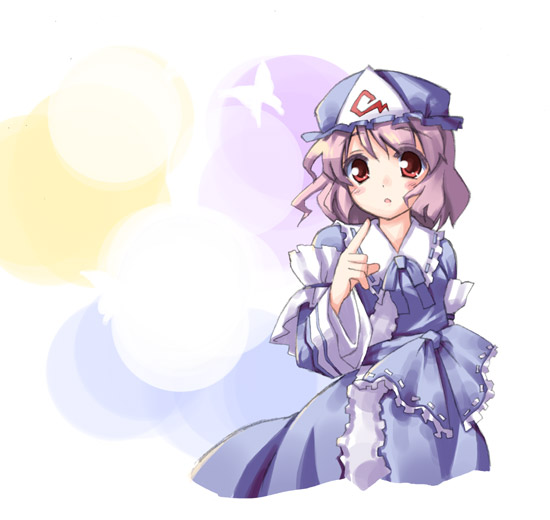 miaka (artist), salty (cherrypie), saigyouji yuyuko, touhou, 1girl, animal, arm garter, blush, bug, butterfly, female focus, frills, hat, index finger raised, insect, japanese clothes, long sleeves, looking at viewer, pink hair, pointing, red eyes, short hair, simple background, solo, tareme, triangular headpiece, upper body, white background, wide sleeves
