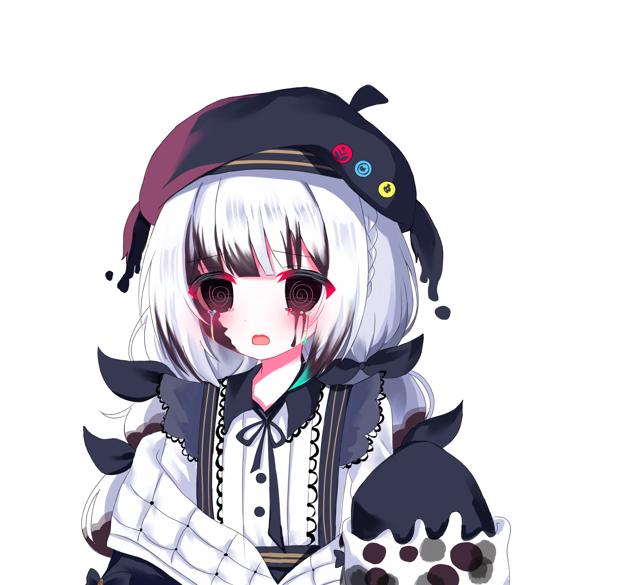 jougasaki noa, mahou shoujo no majo saiban, chinese commentary, commentary request, highres, spoilers, 1girl, @ @, beret, black eyes, black ribbon, blunt bangs, bow, closed mouth, collared shirt, crying, crying with eyes open, hair bow, hat, long hair, long sleeves, looking at viewer, magical girl, multi-tied hair, multicolored hair, neck ribbon, paint splatter, paint splatter on face, polka dot, polka dot bow, ribbon, shirt, shito arisa(bilibili 3546908742126258), simple background, solo, streaked hair, streaming tears, tears, transparent background, upper body, white hair, white shirt