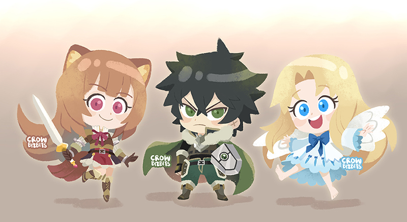 crowbizbits, filo (tate no yuusha no nariagari), iwatani naofumi, raphtalia, tate no yuusha no nariagari, commentary, english commentary, 1boy, 2girls, :d, animal ear fluff, animal ears, armor, artist name, barefoot, belt, bird girl, bird wings, black belt, black dress, black hair, black shirt, blonde hair, blue bow, blue eyes, blunt bangs, blush stickers, boots, bow, breastplate, brown background, brown boots, brown hair, brown shirt, chest bow, chibi, cloak, closed mouth, collared dress, collared shirt, double-parted bangs, dress, feathered wings, floating, forehead, frown, gradient background, green cloak, green eyes, green pants, high collar, holding, holding sword, holding weapon, layered dress, layered shirt, leather armor, long hair, long sleeves, looking at viewer, messy hair, metal arm cuffs, metal wrist cuffs, multiple girls, neck ribbon, no lineart, open mouth, pants, parted lips, pauldrons, pinstripe dress, pinstripe pattern, raccoon ears, raccoon girl, raccoon tail, red dress, red eyes, red ribbon, ribbon, shirt, short dress, short hair, short sleeves, shoulder armor, sidelocks, signature, single pauldron, sleeveless, sleeveless dress, smile, standing, standing on one leg, straight hair, sword, tail, tassets, teeth, thigh boots, two-tone dress, upper teeth only, watermark, weapon, white background, white dress, white wings, wings