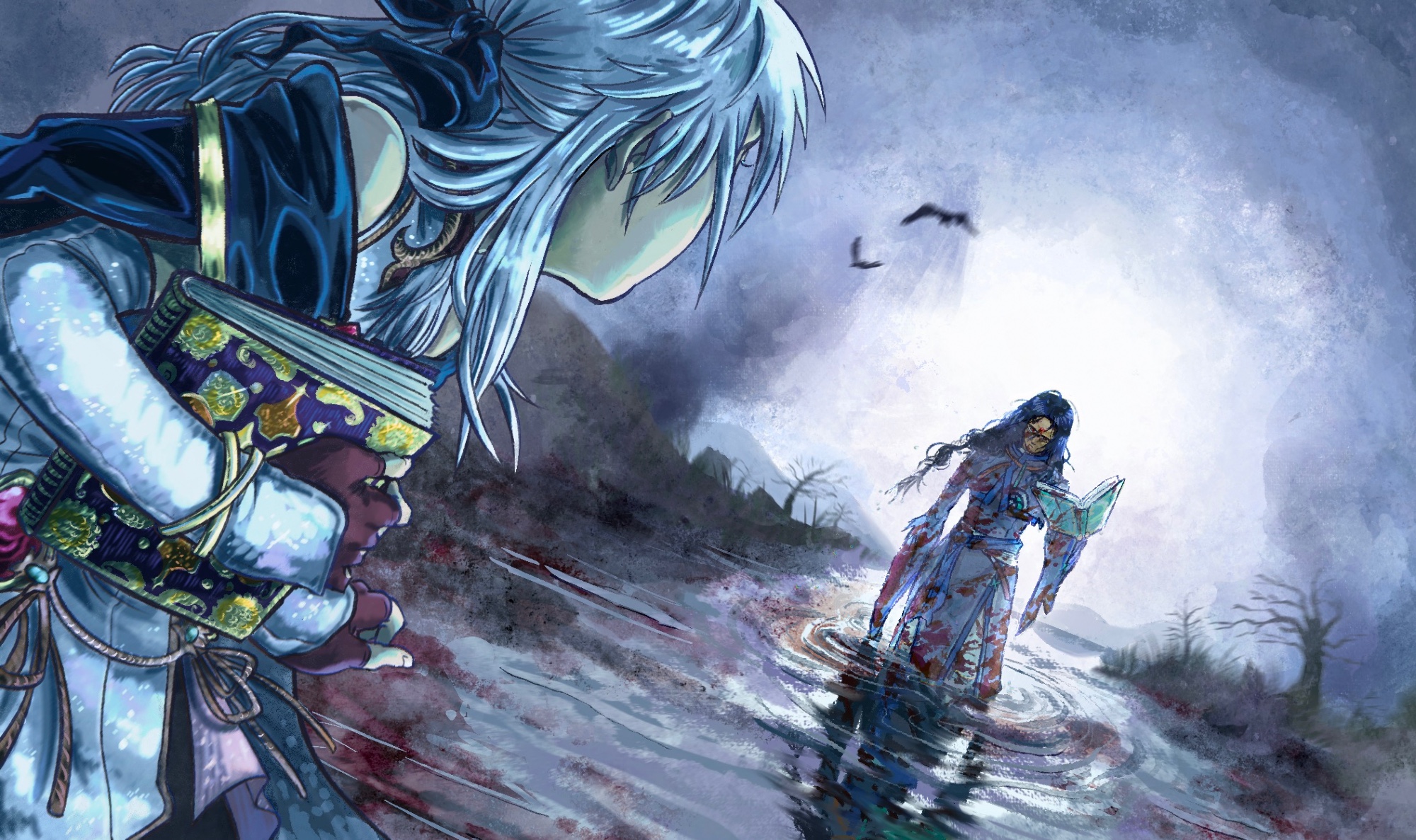 micaiah (fire emblem), soren (fire emblem), fire emblem, fire emblem: radiant dawn, nintendo, alt text, commentary, english commentary, highres, 1boy, 1girl, bare tree, black hair, blood, blood in water, blood on clothes, book, fog, holding, holding book, long hair, outdoors, spectacledraws, tree