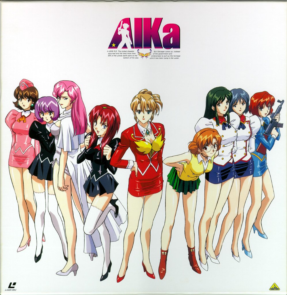 yamauchi noriyasu, adjutant (agent aika), aida rion, black delmo, black delmo leader, blue delmo, blue delmo leader, delmo, delmo commander, maypia alexymetalia, neena hagen, pink delmo, sumeragi aika, suzie (agent aika), white delmo, agent aika, aika (series), black footwear, blue footwear, brown footwear, white footwear, white legwear, official art, scan, 1990s (style), 6+girls, ankle boots, arms behind back, arms up, ascot, ass, assault rifle, bare legs, bent over, black ascot, black eyes, black jacket, black skirt, blue eyes, blue hair, blue jacket, blue skirt, bob cut, boots, bow, breasts, brooch, brown eyes, brown hair, bustier, choker, cleavage, closed mouth, collar, collared shirt, copyright name, covered erect nipples, delmogeny uniform, detached collar, earrings, fingernails, folded ponytail, full body, garrison cap, glasses, green eyes, green hair, green skirt, gun, hairband, hand on own hip, hands on own hips, hat, headband, high heels, holding, holding gun, holding weapon, huge breasts, jacket, jewelry, juliet sleeves, large breasts, laserdisc cover, latex, leaning forward, leg lift, legs, lineup, lipstick, logo, long hair, long sleeves, looking at viewer, makeup, medium breasts, microskirt, minidress, miniskirt, multiple girls, open mouth, orange ascot, orange hair, panties, pantyshot, pencil skirt, pink hair, pink hat, pink jacket, pink shoes, pink skirt, pleated skirt, puffy sleeves, purple eyes, purple hair, red ascot, red hair, red jacket, red lips, red skirt, retro artstyle, rifle, shiny clothes, shiny footwear, shirt, shoes, short hair, skin tight, skirt, sleeve cuffs, smile, standing, standing on one leg, stg44, thighhighs, thighs, underwear, vest, weapon, white background, white collar, white jacket, yellow bustier, yellow vest