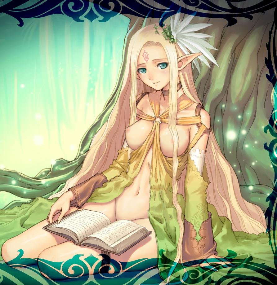 tony taka, celestia, eternal forest's chanting, sega, shining (series), shining wind, jpeg artifacts, nude filter, third-party edit, 1girl, blonde hair, blue eyes, blush, book, breasts, elf, female focus, forest, long hair, nature, nipples, no panties, nude, pointy ears, smile, solo