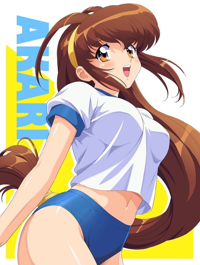 kanzaki akari, battle athletes, commentary request, 1girl, antenna hair, blue buruma, breasts, brown eyes, brown hair, buruma, character name, cowboy shot, gym shirt, gym uniform, hairband, long hair, looking at viewer, low-tied long hair, m (muimui 11), medium breasts, open mouth, shirt, smile, solo, t-shirt, teeth, upper teeth only, white shirt