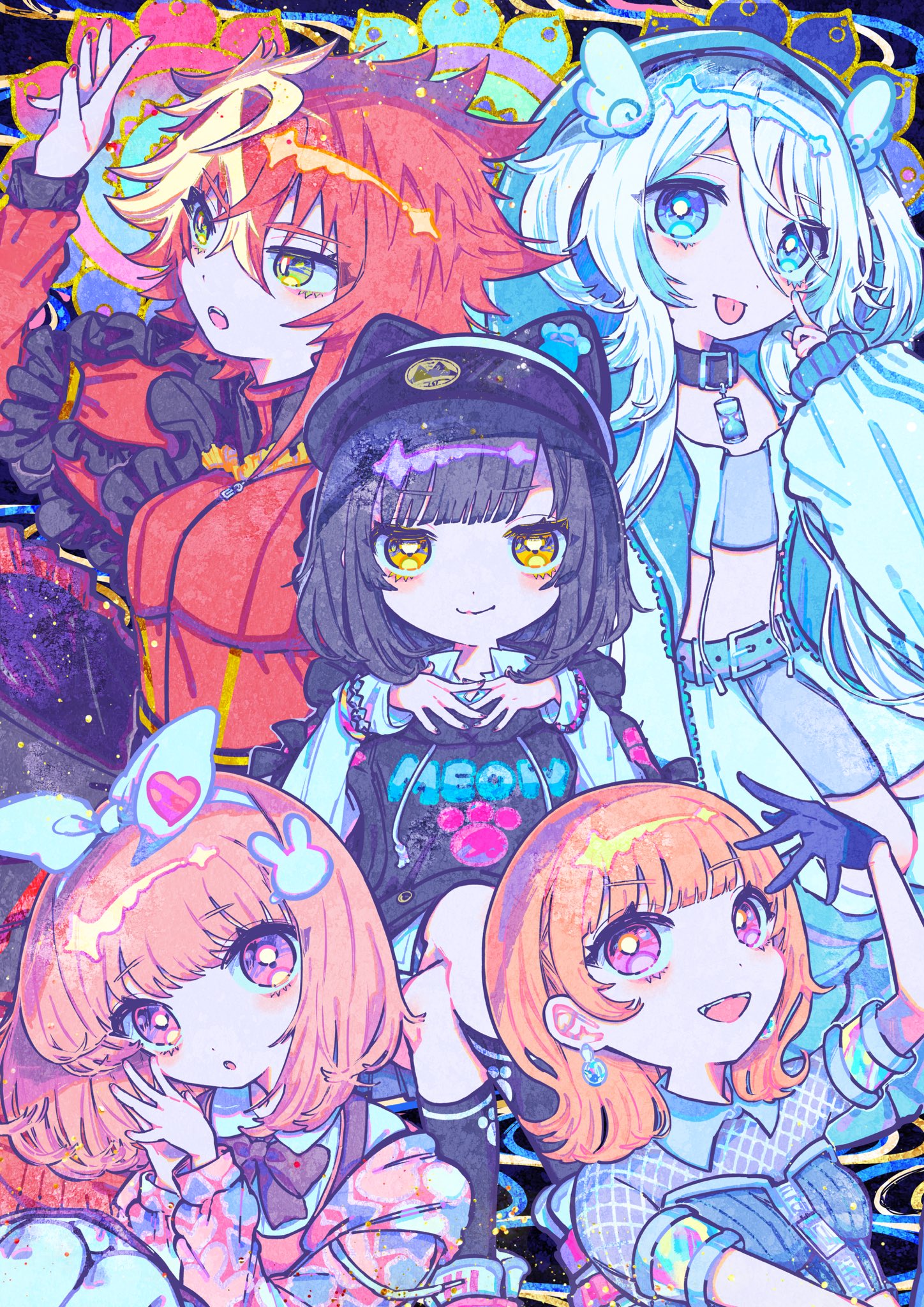 kiato, kurogane tama, sakurano mimito, denonbu, highres, 5girls, angel wings, animal hat, arm up, arms up, belt collar, black gloves, black hair, blue eyes, blunt bangs, blush, bob cut, bow, bowtie, cardigan, cat hat, closed mouth, collar, earrings, fishnet fabric, floral background, frills, gaga rekka, gloves, green eyes, hair between eyes, hair bow, hair ornament, hat, hood, hood down, hood up, hooded jacket, hoodie, jacket, jewelry, looking at viewer, multicolored hair, multiple girls, nagisa kona, nail polish, neneruneru, open mouth, orange hair, own hands together, pink eyes, pleated skirt, poncho, print hoodie, rabbit hair ornament, red hair, ribbed cuffs, shirt, short hair, short sleeves, sidelocks, skirt, smile, socks, spiked hair, streaked hair, swept bangs, tongue, tongue out, undershirt, white hair, white undershirt, wide oval eyes, wings, yellow eyes, zipper
