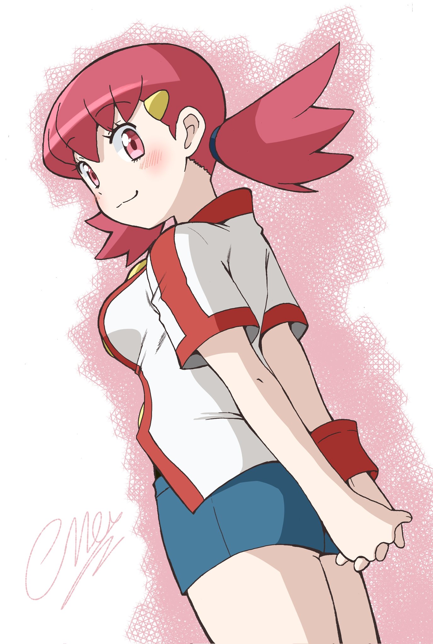 whitney (pokemon), nintendo, pokemon, highres, 1girl, arms behind back, artist name, ass, blush, breasts, large breasts, legs, looking at viewer, looking back, low twintails, own hands together, pink eyes, pink hair, shirt, shorts, smile, solo, thighs, twintails
