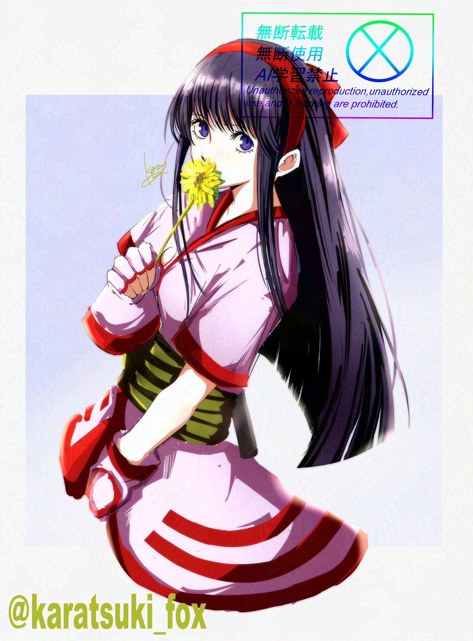 nakoruru, samurai spirits, snk, the king of fighters, highres, 1girl, ainu clothes, artist name, breasts, fingerless gloves, flower, gloves, hair ribbon, long hair, looking at viewer, purple eyes, purple hair, ribbon, small breasts, solo, weapon