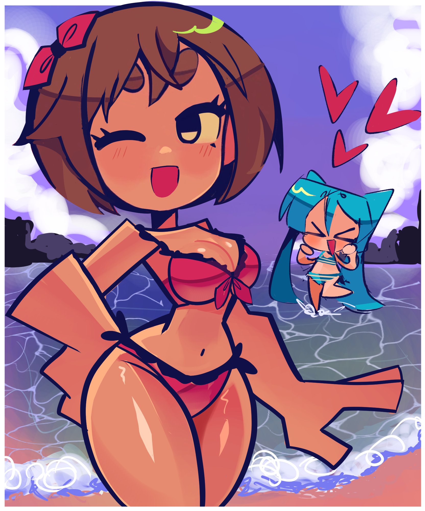rainelyn00, hatsune miku, meiko (vocaloid), vocaloid, > <, 2girls, aqua hair, beach, bikini, breasts, brown hair, cleavage, closed eyes, hand on own hip, multiple girls, one eye closed, open mouth, outdoors, red bikini, short hair, sky, smile, solo focus, striped bikini, striped clothes, swimsuit, thighs, twintails, water