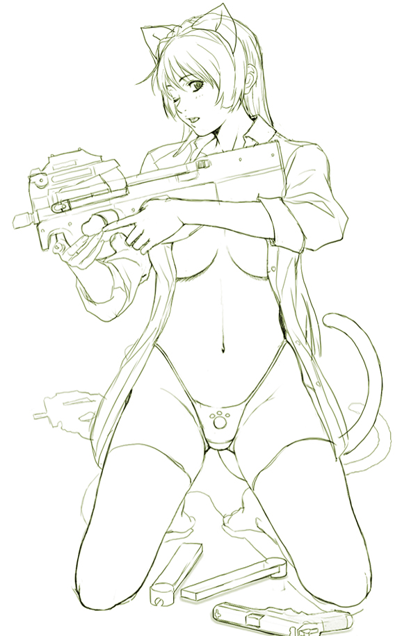 sei shoujo, 1girl, animal ears, bullpup, cat ears, cat tail, female focus, green theme, gun, monochrome, no bra, open clothes, open shirt, p90, panties, personal defense weapon, print panties, shirt, sleeves rolled up, solo, submachine gun, tail, thighhighs, underwear, weapon